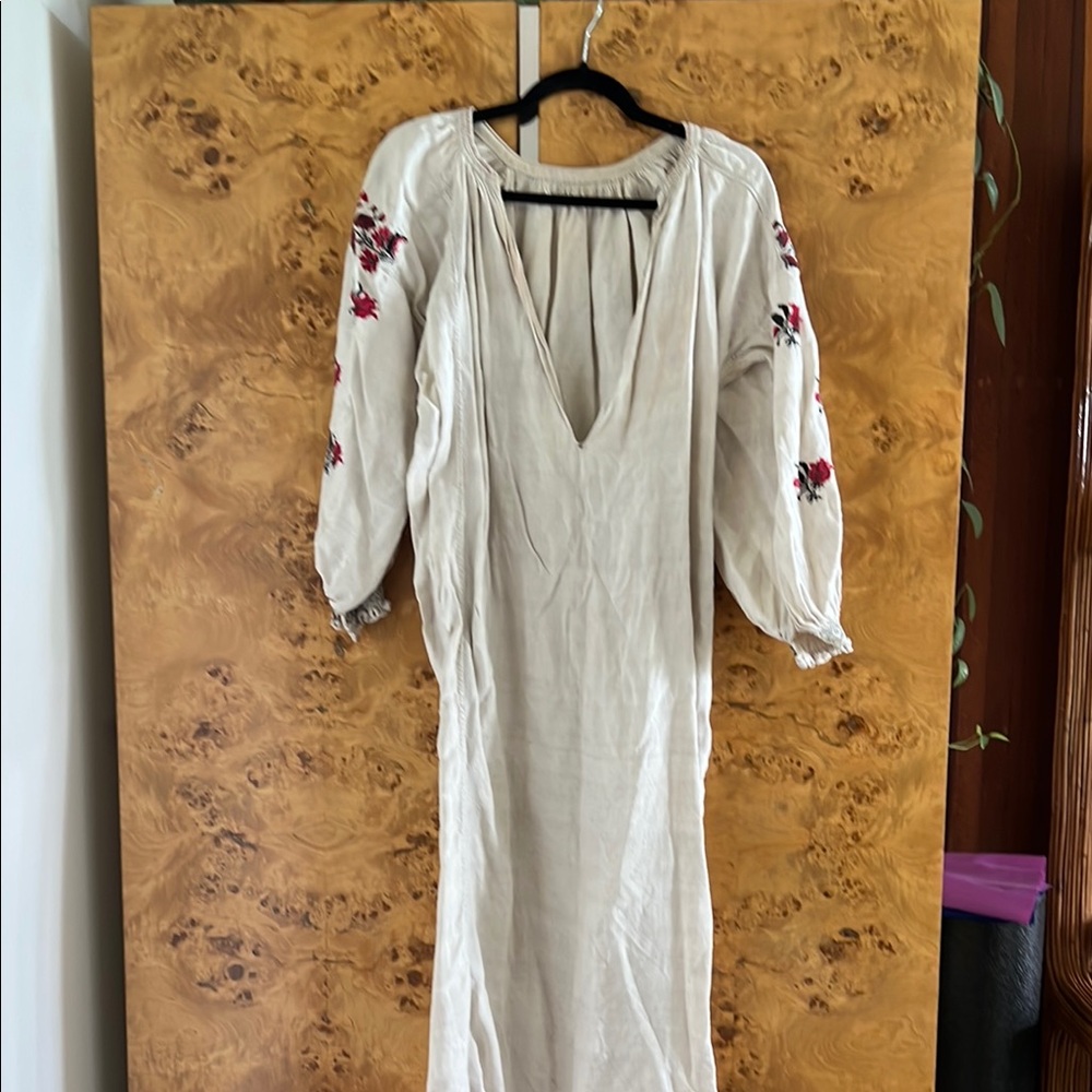 Ukrainian woven dress with red floral embroidery
